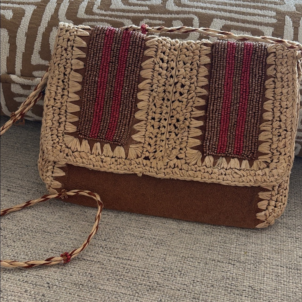 Free People Vintage boho suede leather and paper Raffia beaded crossbody purse - Picture 14 of 16